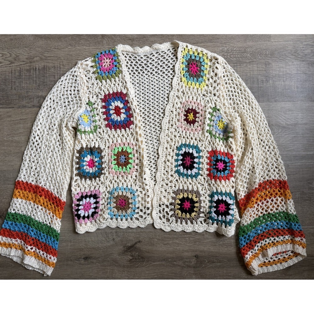 Womens Cream Crochet Granny Square Cardigan Rainbow Sleeve Open Front Sweater S